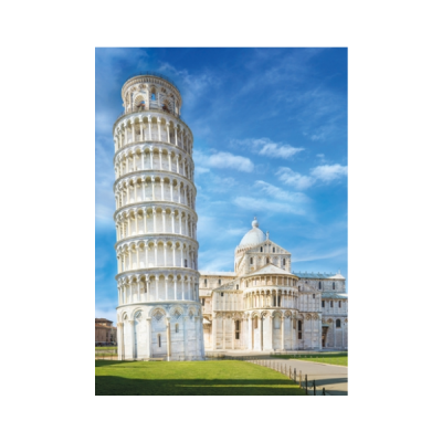 Torre de Pisa em pedra branca com vários andares e céu azul