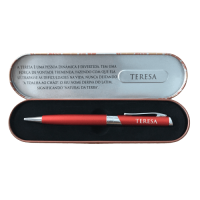 Caneta vermelha com nome Teresa em estojo metálico com mensagem