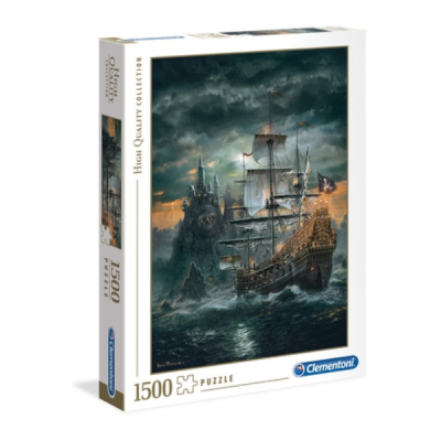 Caixa de quebra-cabeças de 1500 peças com imagem de navio antigo em alto mar e castelo sombrio