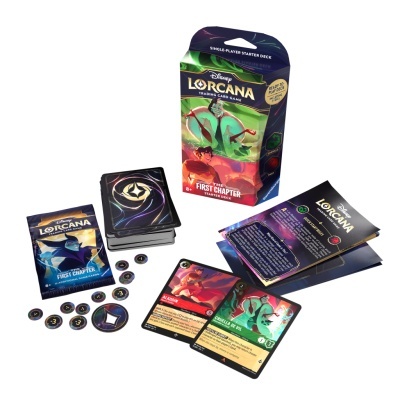 Jogo de cartas Disney Lorcana com cartas, fichas, manual e caixa colorida.
