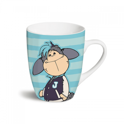 Caneca de cerâmica branca com riscas azuis e personagem de desenho animado