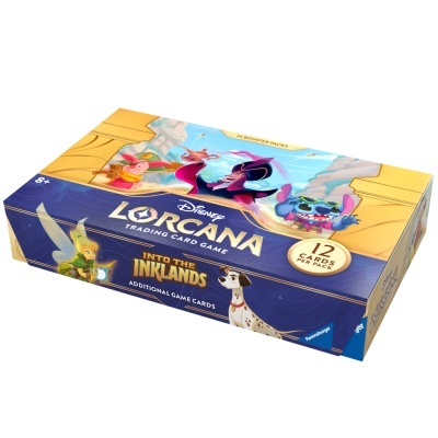 Caixa do jogo de cartas Disney Lorcana Into The Inklans com 12 cartas por baralho.