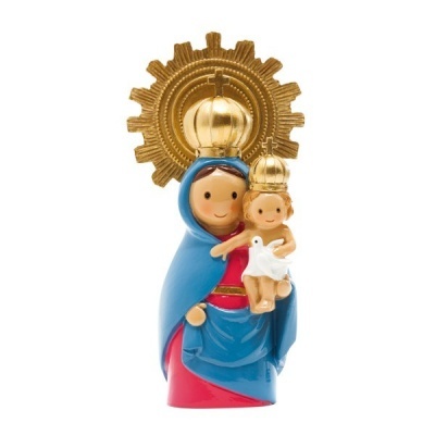 Estatueta religiosa da Virgem Maria com Menino Jesus e coroas douradas