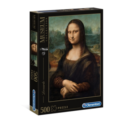 Caixa de puzzle Mona Lisa 500 peças da marca Clementoni com fundo preto.