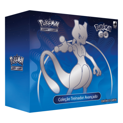 Caixa azul do jogo de cartas Pokémon com Mewtwo na frente