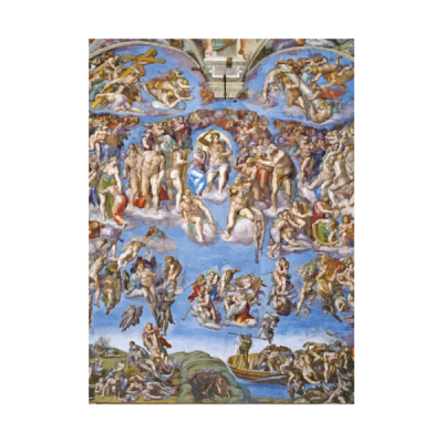 Pintura mural com figuras humanas e cenas celestiais e terrestres em azul, verde e castanho