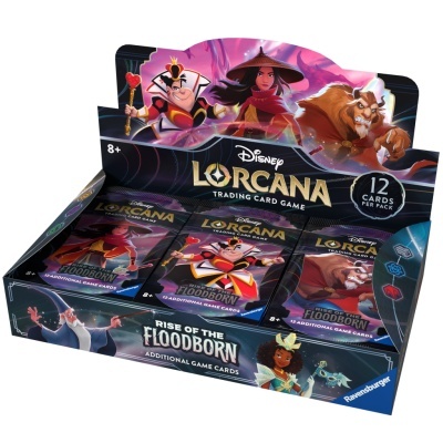 Expositor com packs de cartas Disney Lorcana Rise of the Floodborn para maiores de 8 anos