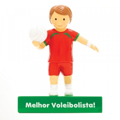 Figura jogador voleibol vermelho con bola suporte verde com texto