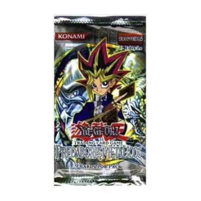 Pacote de cartas Yu-Gi-Oh! PREDADORES METÁLICOS, 9 cards por pack, com personagem em manga.