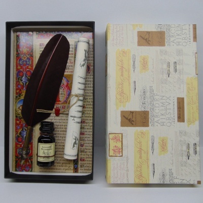 Conjunto de escrita com pena, tinta preta e pergaminho dentro de caixa decorativa