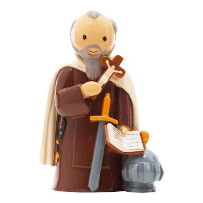 Figura decorativa cerâmica com túnica castanha, capa bege, cruz, espada e livro