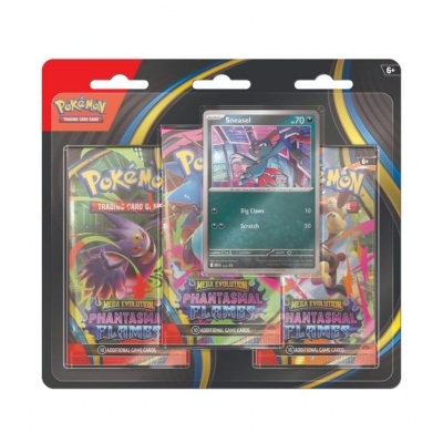 Pack de cartas Pokémon Mega Evolution Phantasmal Flames com 3 pacotes e carta promocional Sneasel
