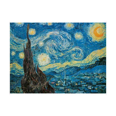 Reprodução da pintura 'A Noite Estrelada' de Vincent van Gogh mostrando céu estrelado e vila com cipreste