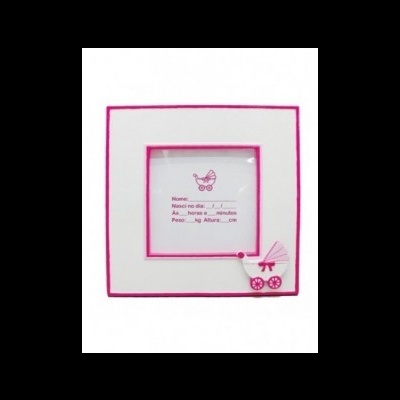 Moldura branca e rosa com carrinho de bebé e texto para informações do bebé