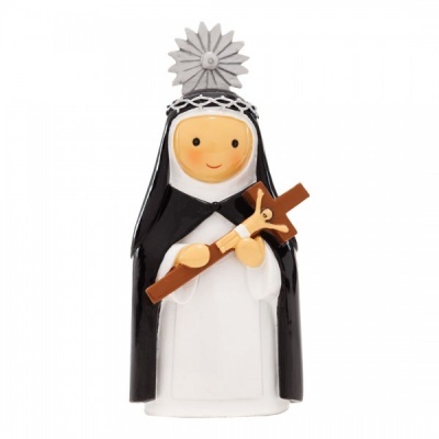 Figurinha de freira em cerâmica com hábito preto e branco e cruz