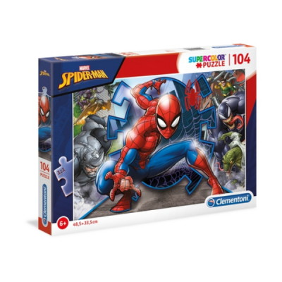 Quebra-cabeças SuperColor Spider-Man com 104 peças, embalagem retangular com vermelho, azul e cinzento.