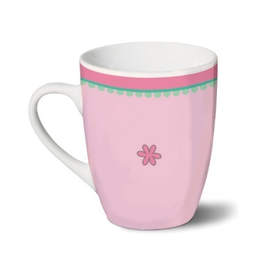 Caneca rosa com padrão floral e faixa decorativa verde e rosa na parte superior