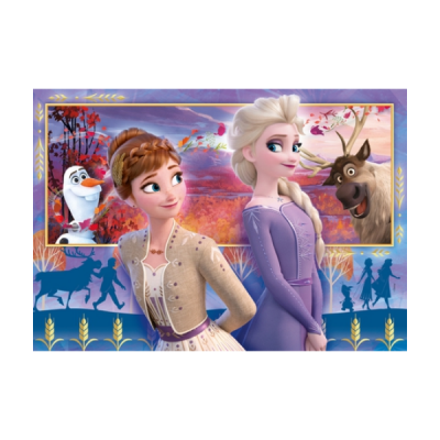 Personagens Anna, Elsa, Olaf e Sven da Frozen com paisagem de pôr do sol e detalhes dourados.