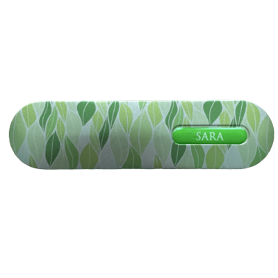 Estojo verde com palhinhas reutilizáveis e padrão de folhas com texto SARA