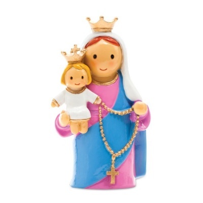 Figura decorativa de Nossa Senhora do Rosário com menino e terço dourado