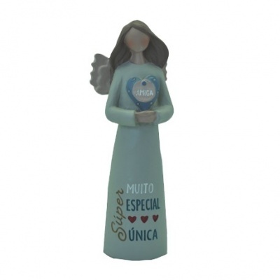 Estatueta de anjo azul claro com texto AMIGA e frase no vestido
