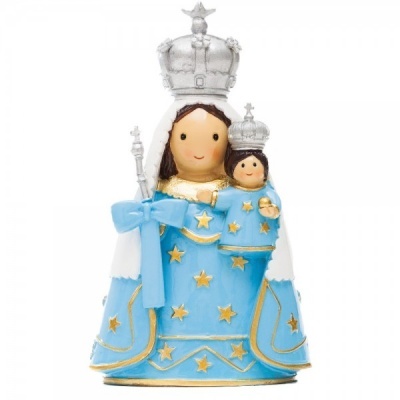 Figurinha decorativa da Nossa Senhora com Menino Jesus em azul, branco e dourado