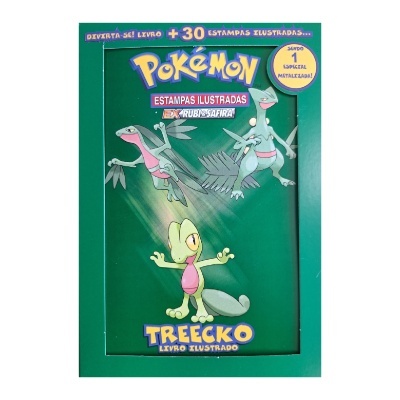 Livro ilustrado verde de Pokémon com personagem Treecko e texto de promoção.
