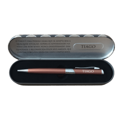 Conjunto de caneta e caixa metálica com nome Tiago e mensagem impressa