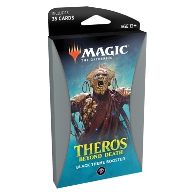 Embalagem de booster Magic The Gathering Theros Beyond Death com figura de homem com armadura dourada