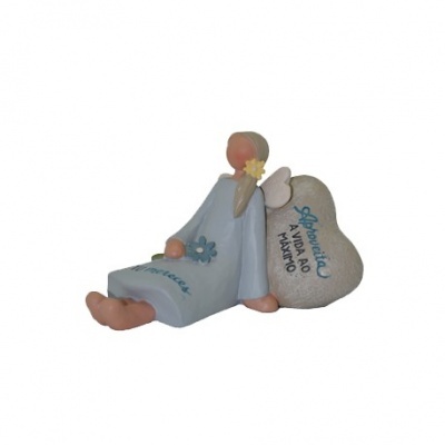 Figura decorativa anjo azul com pedra escrita