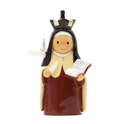 Estatueta decorativa religiosa feminina com coroa, livro e pássaro branco