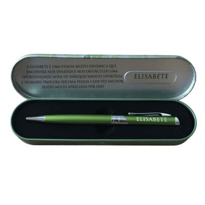 Caneta verde com caixa metalizada e mensagem personalizada
