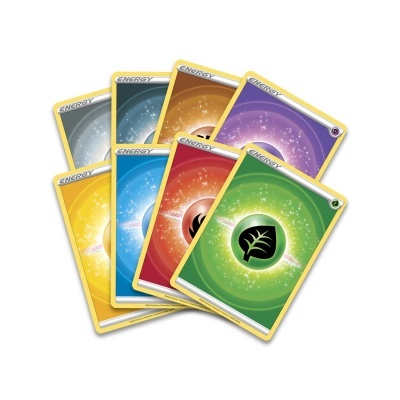 Conjunto de cartas de energia coloridas para jogo, com bordas amarelas e símbolos no centro.