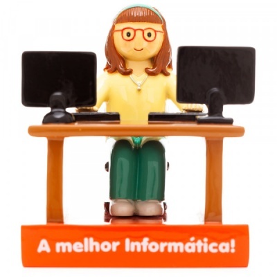 Figura decorativa de pessoa sentada atrás de secretária com dois computadores e texto A melhor Informática!