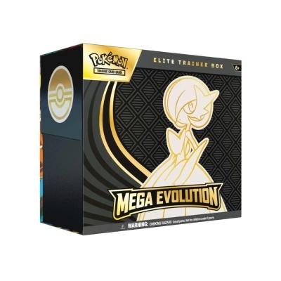 Caixa do jogo Pokémon Elite Trainer Box Mega Evolution preto com figura dourada.