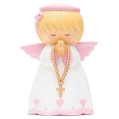 Figura decorativa de anjo a orar com terço cor-de-rosa