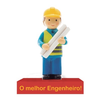 Figura decorativa de engenheiro com capacete amarelo e base vermelha com texto.
