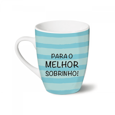 Caneca azul clara com riscas e texto para o melhor sobrinho