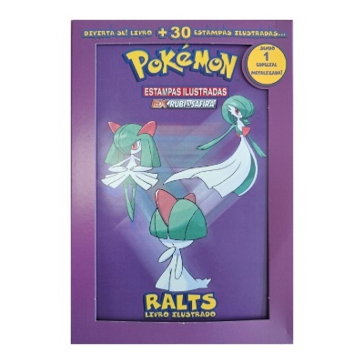 Livro ilustrado Pokémon com capa roxa e personagem Ralts