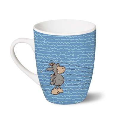 Caneca de cerâmica com padrão azul e figura de burro cinzento