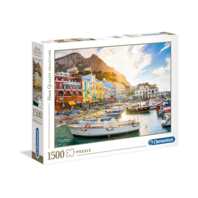 Caixa de quebra-cabeças Clementoni 1500 peças com imagem de porto e casas coloridas
