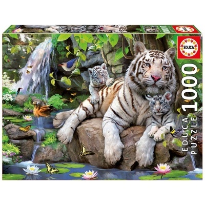 Caixa de puzzle EDUCA 1000 peças com tigres brancos junto a cascata e natureza