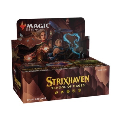 Caixa de booster Strixhaven School of Mages do Magic The Gathering com arte de personagens mágicos