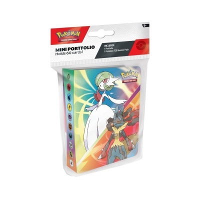 Mini portfolio Pokémon para cartas com design colorido e embalagem