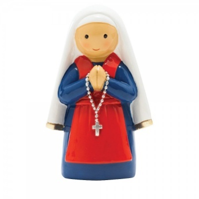 Estatueta religiosa feminina com véu branco e avental vermelho