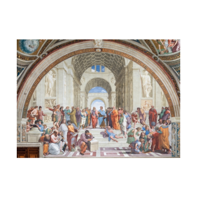 Pintura clássica com figuras humanas em ambiente arquitetónico antigo