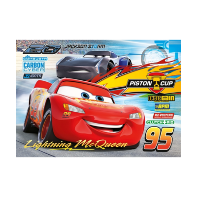 Cartaz promocional com carros animados Lightning McQueen e Jackson Storm e textos técnicos e números relacionados.