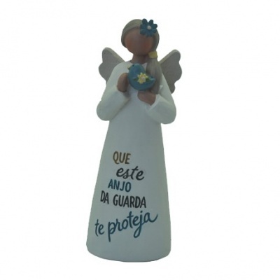 Estátua de anjo decorativo com vestido branco e mensagem em português