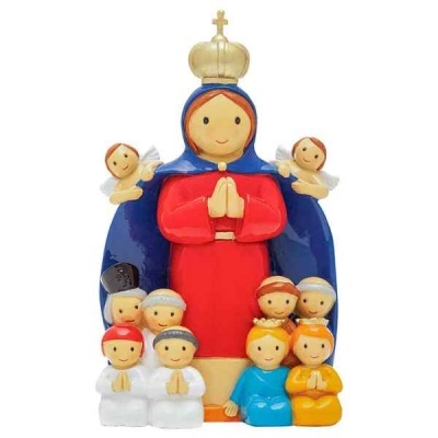 Estatueta religiosa colorida com figura feminina coroada e várias figuras pequenas ao redor