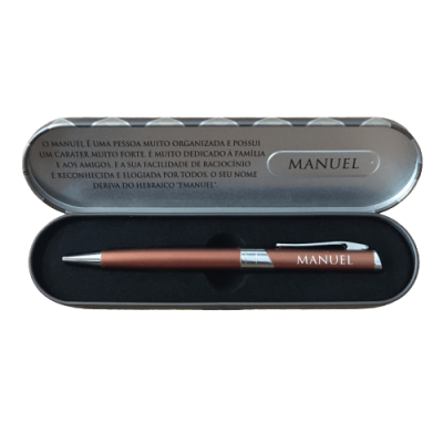 Estojo prateado com caneta cobre e mensagem para Manuel